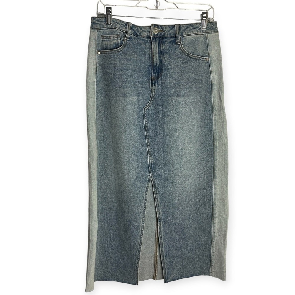 AND NOW THIS Womens Two-Tone Denim Midi Skirt Size M Blue Patchwork Slit Stretch
